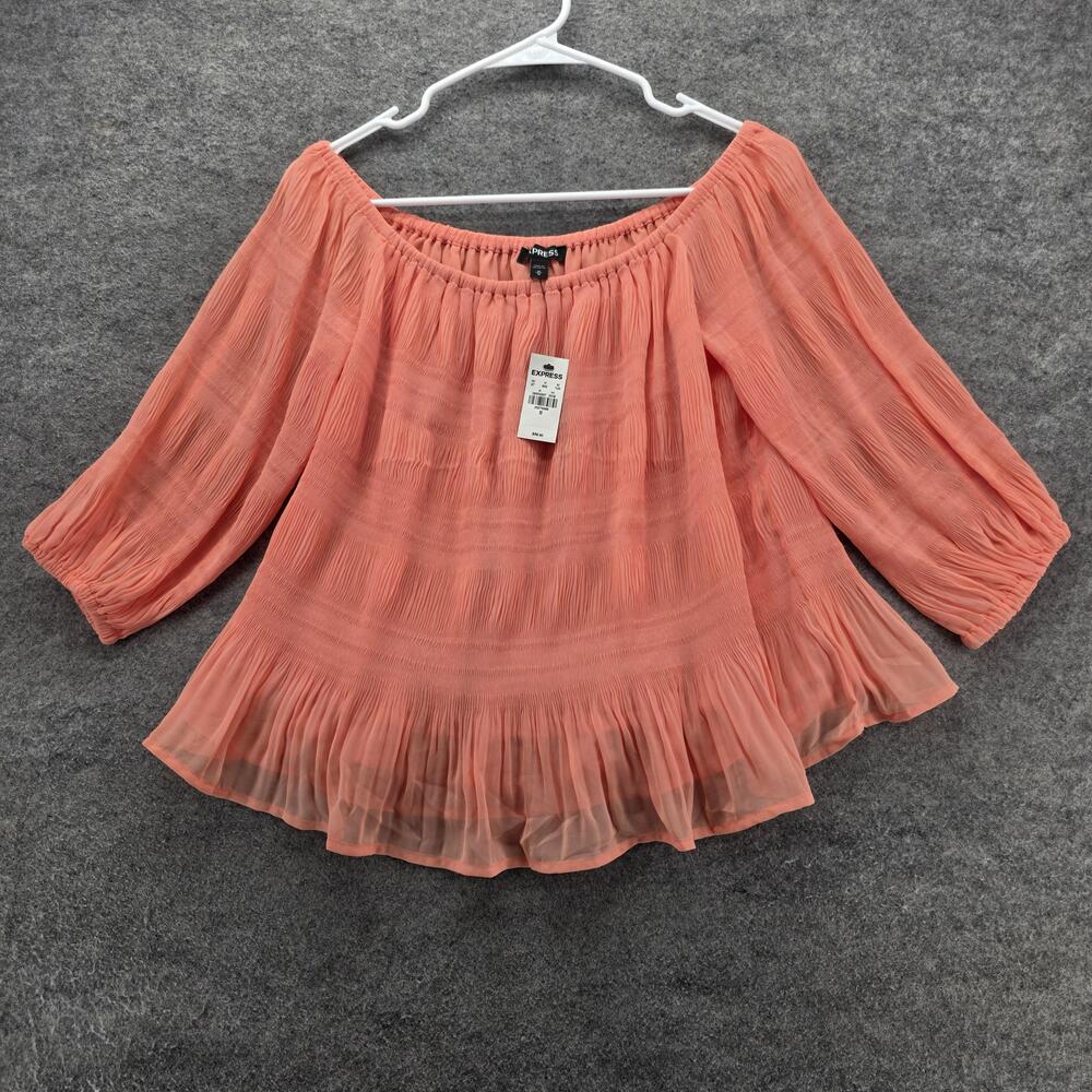 Express Blouse Womens Medium Coral Off Shoulder Pleated Ruffle Hem 3/4 Sleeve